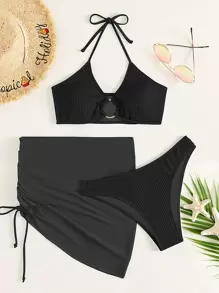 SHEIN Swim Bãi biển mùa hè 3 gói Bikini kết cấu vòng kết hợp với váy đi biển - màu đen - Xem 6