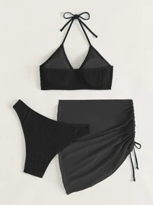 SHEIN Swim Bãi biển mùa hè 3 gói Bikini kết cấu vòng kết hợp với váy đi biển - màu đen - Xem 8