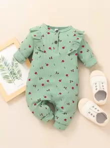 Baby Floral Print Ruffle Trim Jumpsuit - Mint Green - View 1