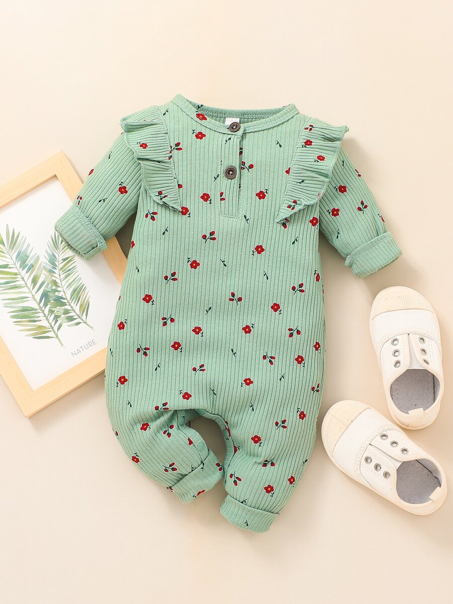 Baby Floral Print Ruffle Trim Jumpsuit - Mint Green - View 1