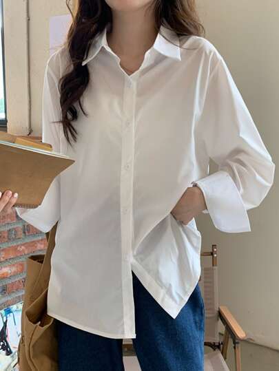 Solid Drop Shoulder Button Through Shirt,Long Sleeve Tops