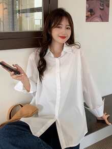 Solid Drop Shoulder Button Through Shirt,Long Sleeve Tops - White - View 3