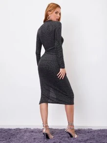 SHEIN Rib-knit Glitter Top & Slit Hem Skirt - Black - View 2