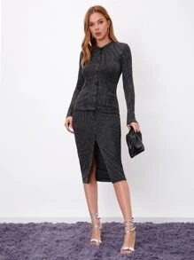 SHEIN Rib-knit Glitter Top & Slit Hem Skirt - Black - View 4