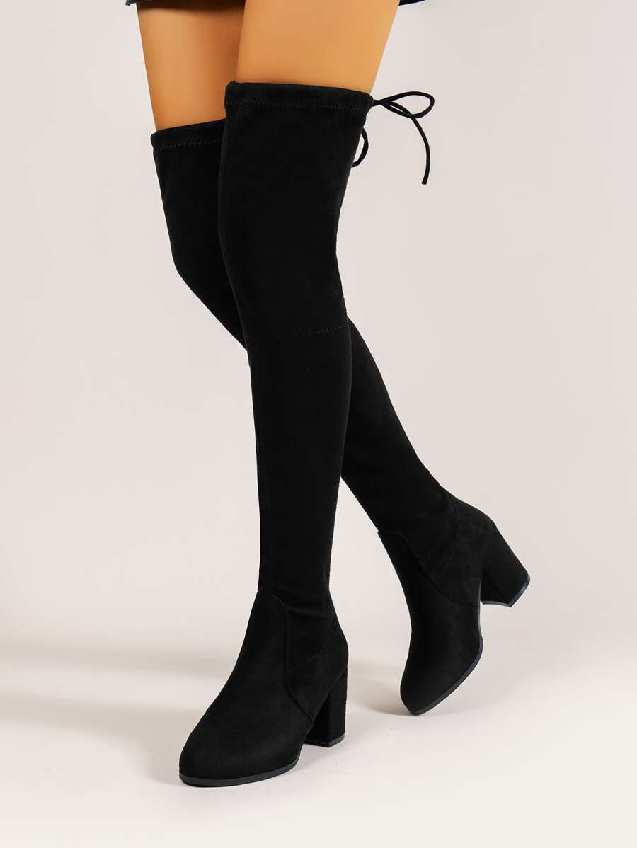 秋冬装搭配黑色连衣裙，棕色纯色褶皱绒面革一脚蹬细高跟休闲靴，完美搭配开衫/毛衣，性感，女靴 - 黑色 - 查看 1