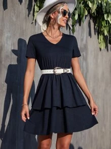Popover Hem V Neck Dress Without Belt - Navy Blue - View 1