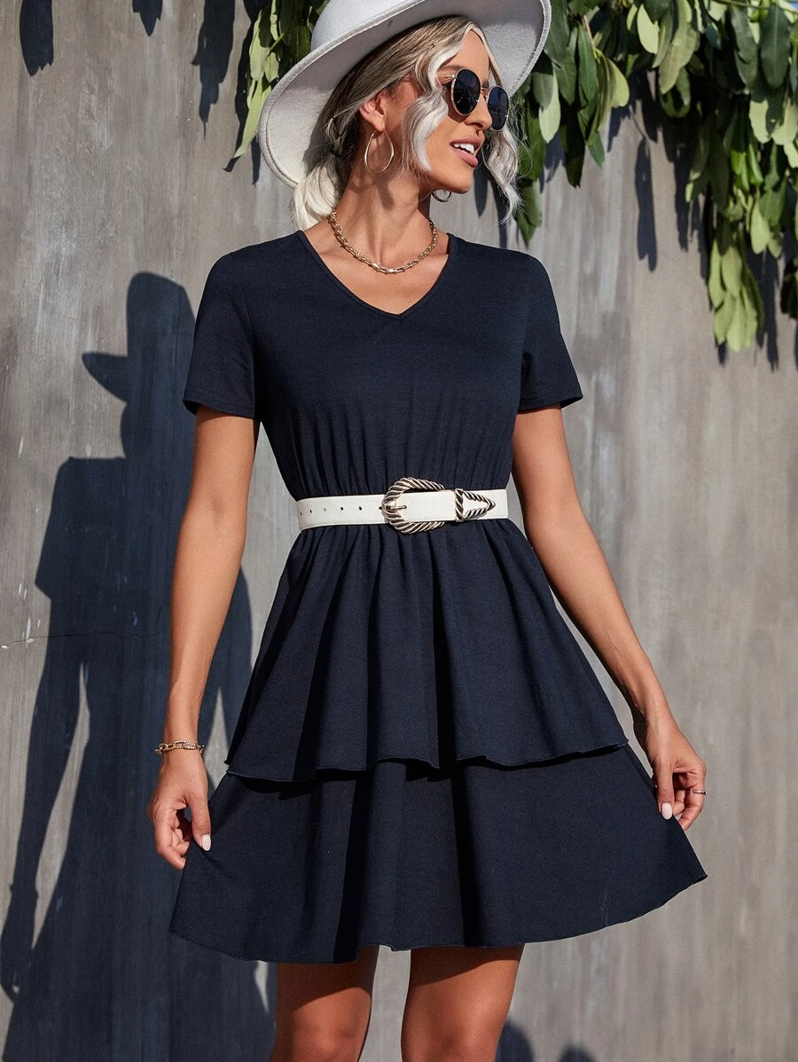 Popover Hem V Neck Dress Without Belt - Navy Blue - View 1