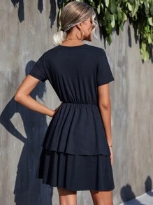 Popover Hem V Neck Dress Without Belt - Navy Blue - View 2