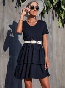 Popover Hem V Neck Dress Without Belt - Navy Blue - View 3