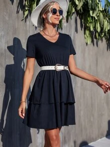 Popover Hem V Neck Dress Without Belt - Navy Blue - View 4
