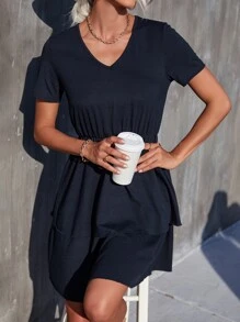 Popover Hem V Neck Dress Without Belt - Navy Blue - View 5