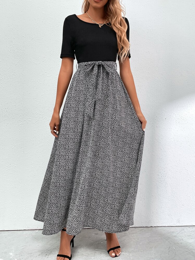 SHEIN Clasi ชุดกระโปรง แต่งแถบลายหนังเสือ ผูกเอว - สีดำและสีขาว - ดู 1