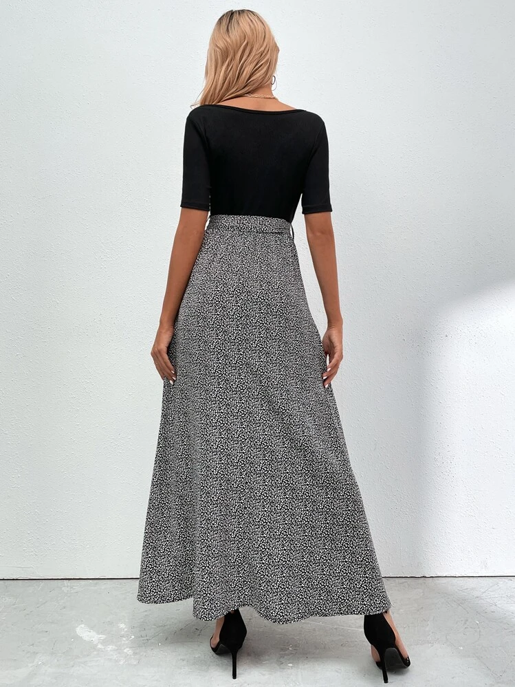 SHEIN Clasi ชุดกระโปรง แต่งแถบลายหนังเสือ ผูกเอว - สีดำและสีขาว - ดู 2