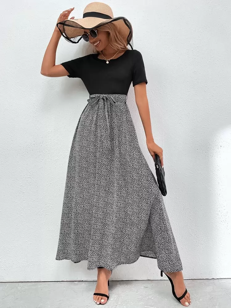 SHEIN Clasi ชุดกระโปรง แต่งแถบลายหนังเสือ ผูกเอว - สีดำและสีขาว - ดู 4