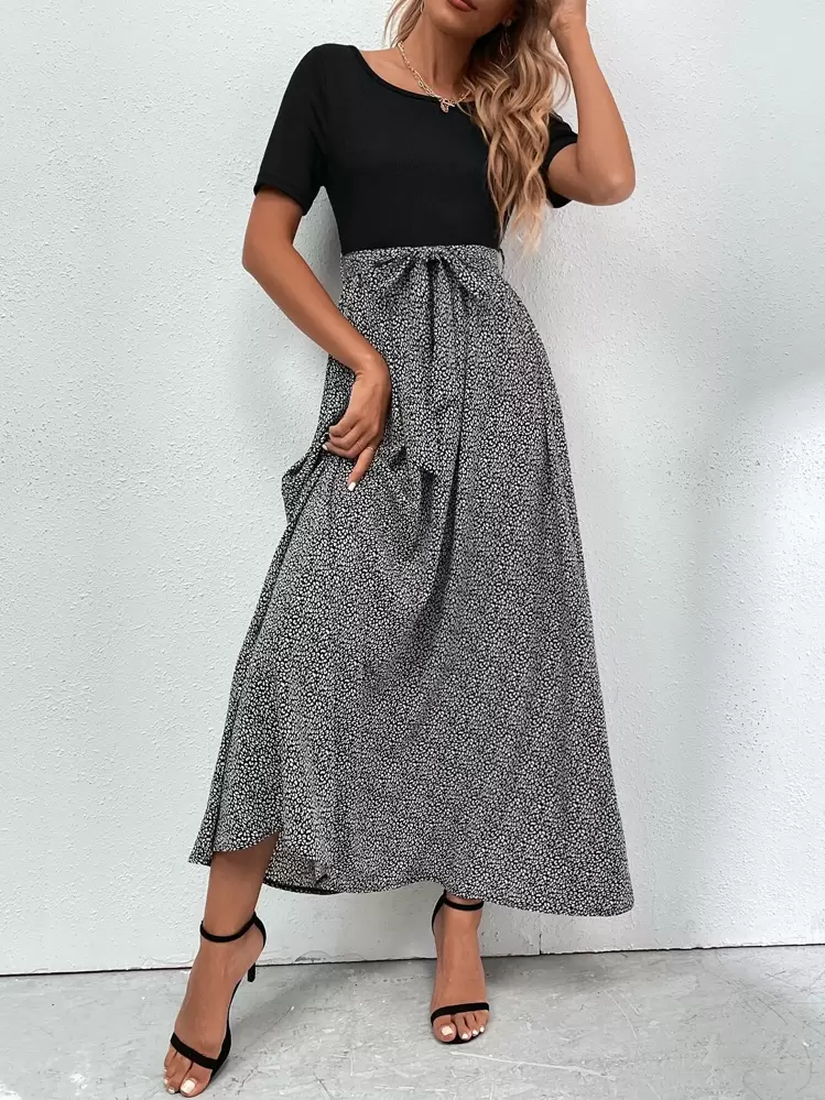 SHEIN Clasi ชุดกระโปรง แต่งแถบลายหนังเสือ ผูกเอว - สีดำและสีขาว - ดู 5