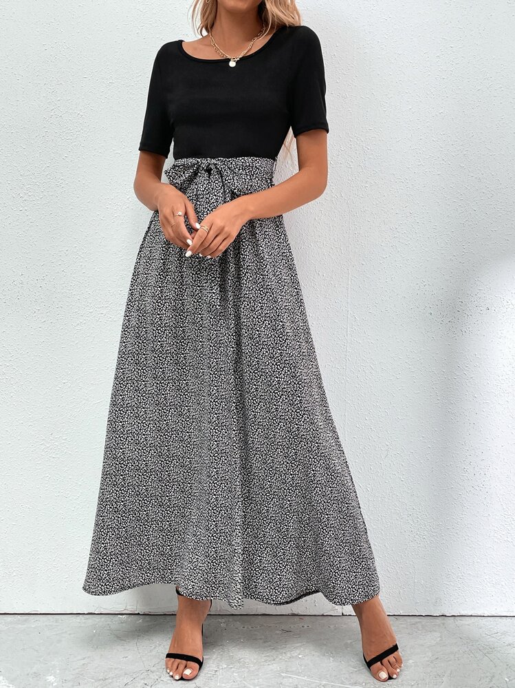 SHEIN Clasi ชุดกระโปรง แต่งแถบลายหนังเสือ ผูกเอว - สีดำและสีขาว - ดู 6