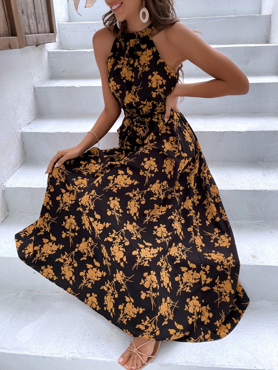 Breezaya Allover Floral Print Belted A-line Dress - Multicolor - View 1