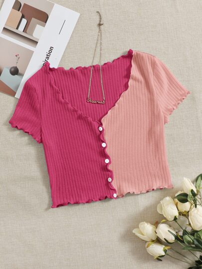 SHEIN EZwear Women's Contrast Color Frill Trim Short Sleeve Button Front Casual T-Shirt