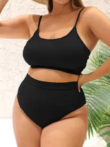 Swim Basics Summer Beach Plus Size Solid Bikini Set - Black - View 3