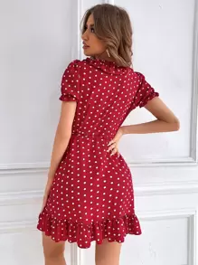Chiquease 波尔卡圆点印花束带裹身裙，适合新年服装 - 紅色 - 查看 3