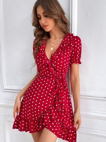 Chiquease 波尔卡圆点印花束带裹身裙，适合新年服装 - 紅色 - 查看 4