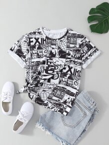 SHEIN EZwear 字母和人像圖案T恤 - 黑與白 - 查看 1