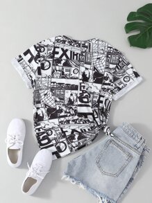 SHEIN EZwear 字母和人像圖案T恤 - 黑與白 - 查看 2