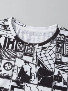SHEIN EZwear 字母和人像圖案T恤 - 黑與白 - 查看 3