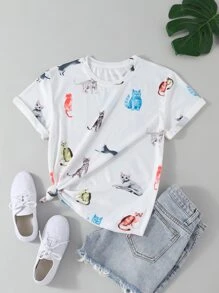 SHEIN Essnce Allover Cat Print Tee - White - View 1