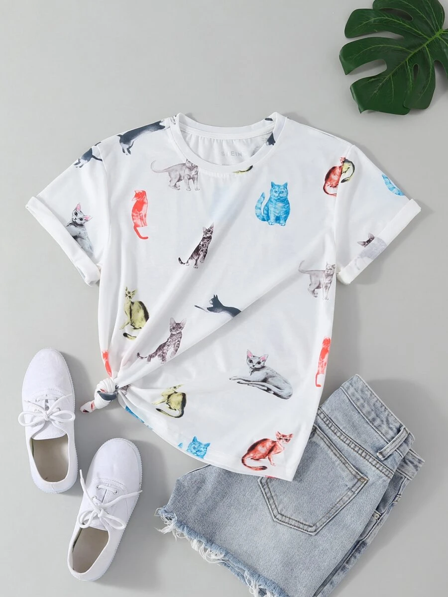 SHEIN Essnce Allover Cat Print Tee - White - View 1