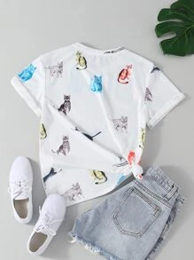 SHEIN Essnce Allover Cat Print Tee - White - View 2