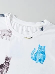 SHEIN Essnce Allover Cat Print Tee - White - View 3