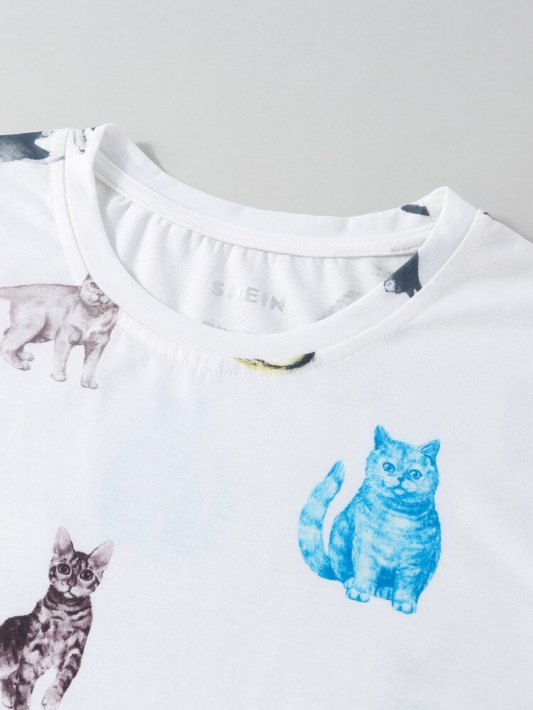 SHEIN Essnce Allover Cat Print Tee - White - View 3