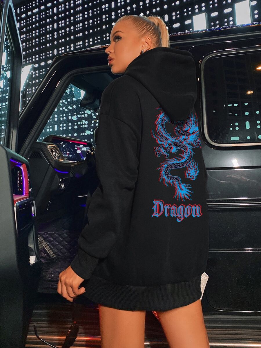 SHEIN Unity 中國龍和字母圖案加絨內裏連帽衫