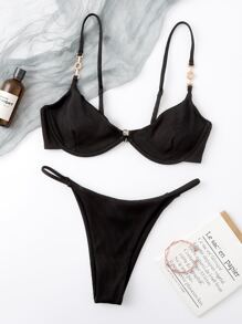 SHEIN Swim Summer Beach Rib Underwire Thong Bikini - Black - View 3