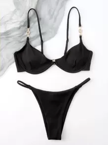 SHEIN Swim Summer Beach Rib Underwire Thong Bikini - Black - View 5