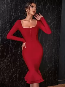 ADYCE Square Neck Button Front Backless Mermaid Hem Bodycon Cocktail Bandage Dress Party Dress Wedding Guest Dress - Burgundy - View 1