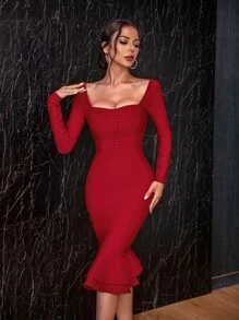 ADYCE Square Neck Button Front Backless Mermaid Hem Bodycon Cocktail Bandage Dress Party Dress Wedding Guest Dress - Burgundy - View 6