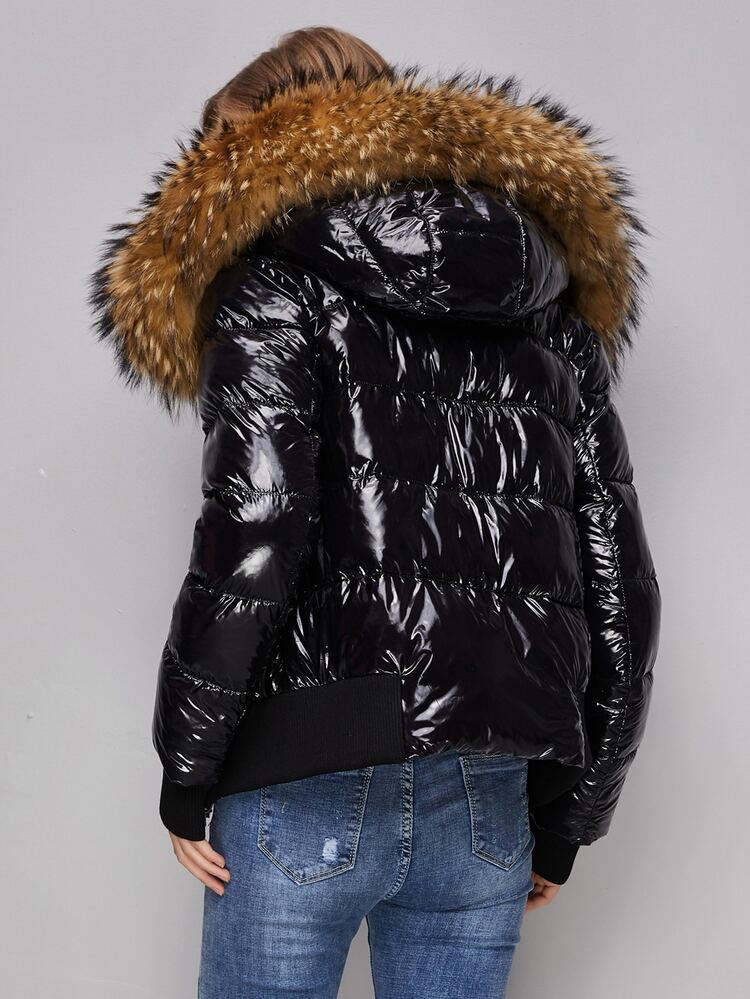 ZIAI 女性用 無地 長袖 ジッパー付き 光沢のあるファー フード付き