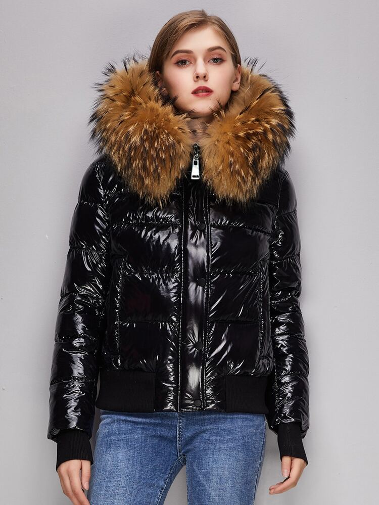 ZIAI 女性用 無地 長袖 ジッパー付き 光沢のあるファー フード付き