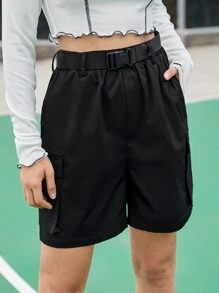 Buckle Belt Cargo Shorts - Black - View 3
