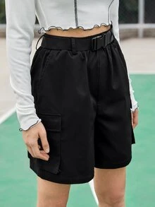 Buckle Belt Cargo Shorts - Black - View 5