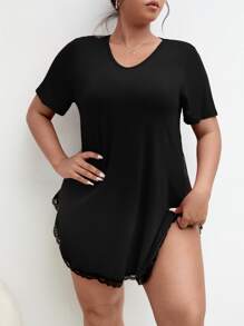 Snug Zone Plus Contrast Dobby Mesh Lace Trim Pajama Night Dress - Black - View 1