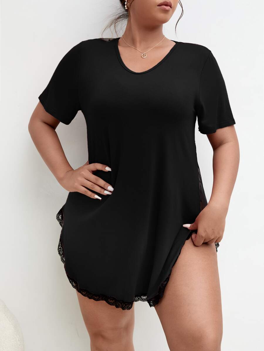 Snug Zone Plus Contrast Dobby Mesh Lace Trim Pajama Night Dress - Black - View 1