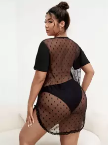 Snug Zone Plus Contrast Dobby Mesh Lace Trim Pajama Night Dress - Black - View 2