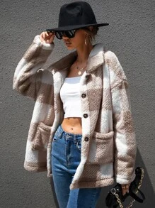 SHEIN LUNE Abrigo teddy de guingán con botón delantero - Multicolor - Ver 3