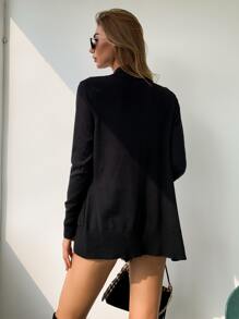 AAmilife Pocket Patched Solid Cardigan,Ladies Spring/Fall Casual Pocket Regular Sleeve Stand Collar Regular Fit Black Viscose Colorblock,Plain Women Cardigans,Casual Daily Wear,Long Sleeve Tops - Black - View 3