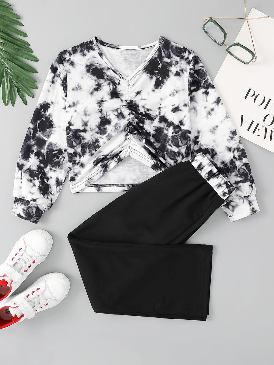 Niñas de tie dye fruncido delantero de hombros caídos Pullover & Pantalones - Blanco y Negro - Ver 1