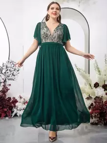 SHEIN Belle 大碼蕾絲拼接蝴蝶袖雪紡伴娘連衣裙 - 墨綠色 - 查看 1