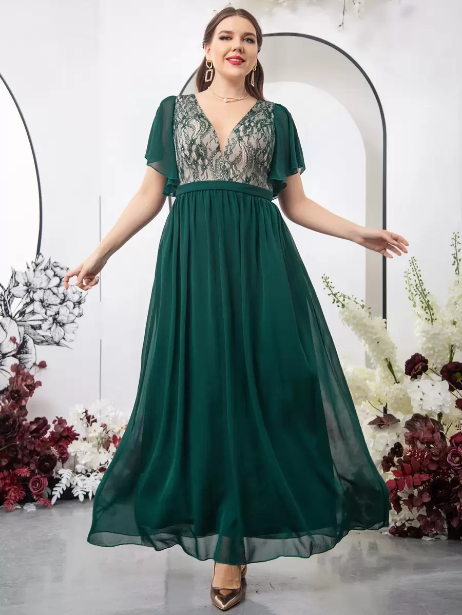 SHEIN Belle 大碼蕾絲拼接蝴蝶袖雪紡伴娘連衣裙 - 墨綠色 - 查看 1